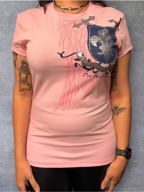 Pink Short Sleeve Tee with Navy Shield Graphic nwot